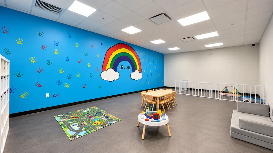 Burn Boot Camp: Finished children’s play/childcare room with blue rainbow wall, play furniture and indoor fence