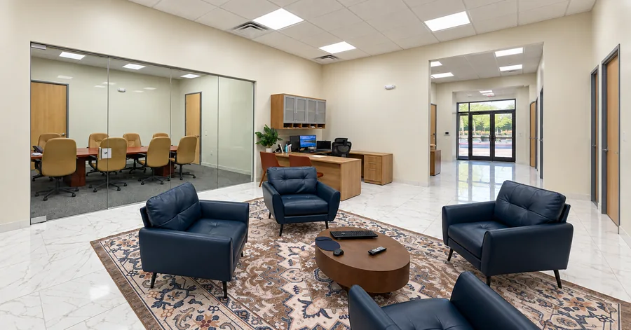 Financial Office Build-Out: Furnished reception lounge, workstation and glass conference room