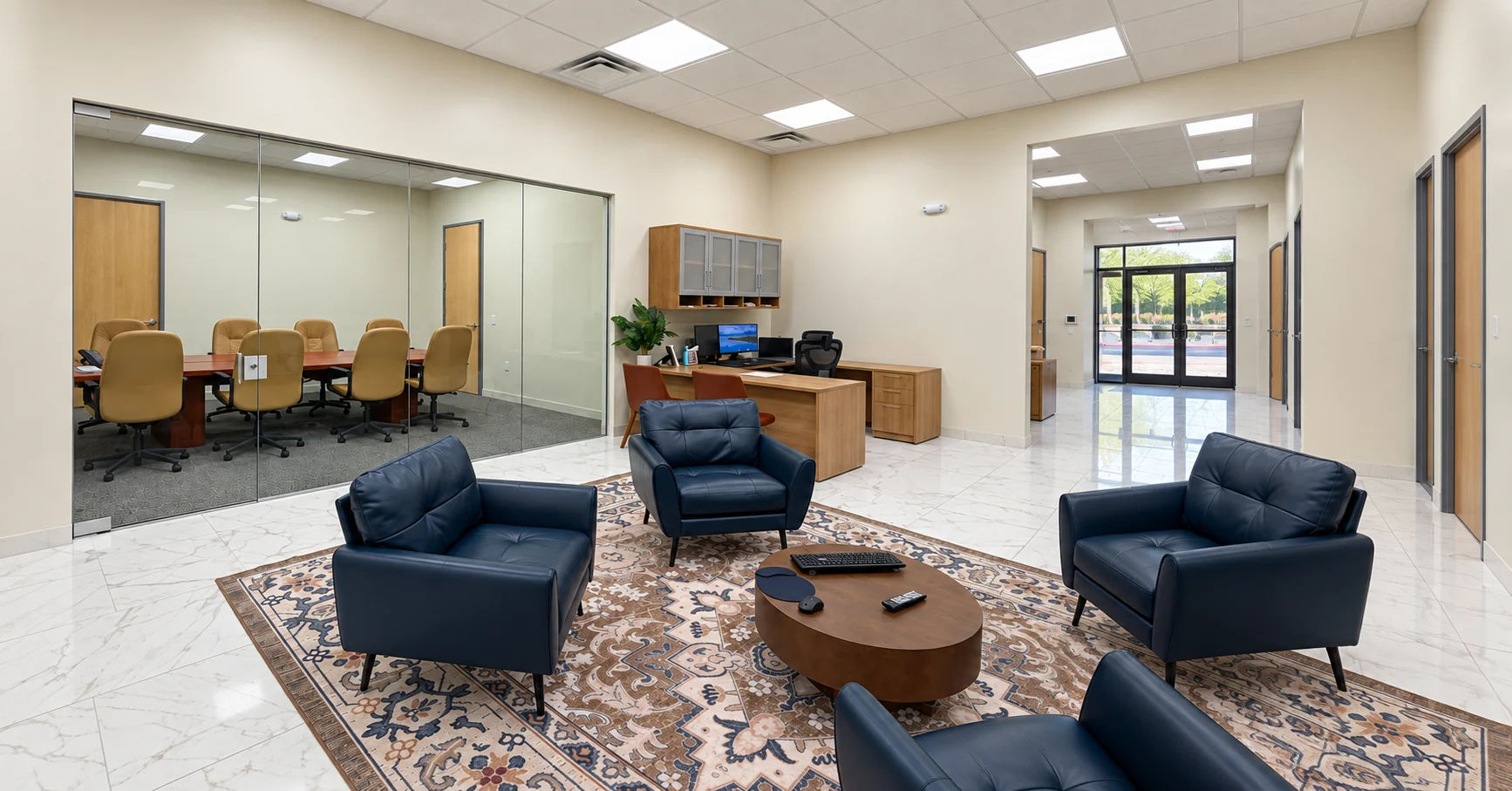 Financial Office Build-Out: Furnished reception lounge, workstation and glass conference room