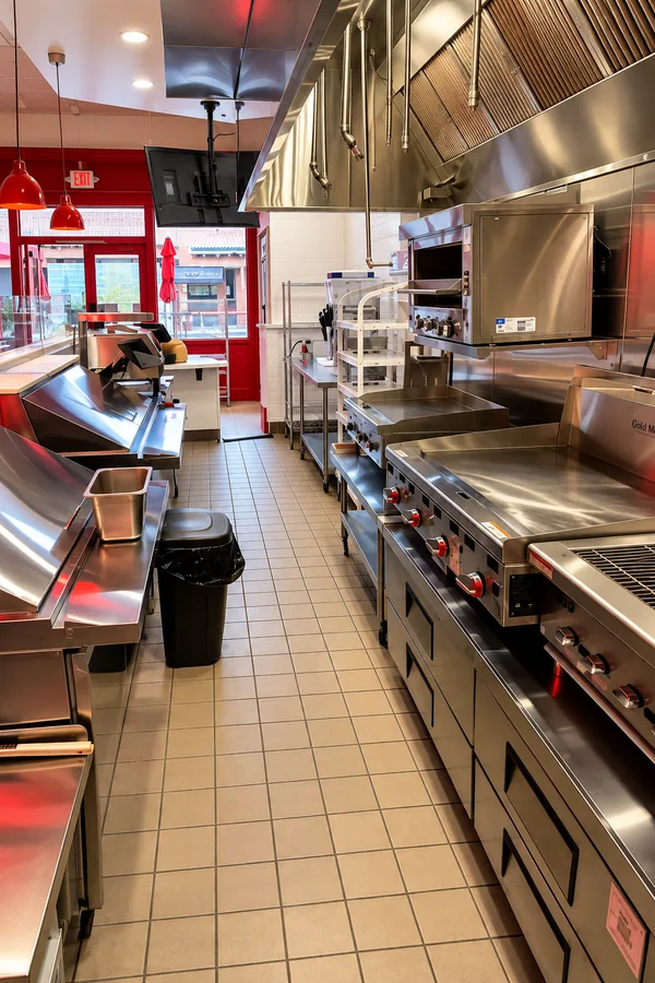 Let’s Toast Restaurant: Finished commercial kitchen aisle with equipment, stainless work surfaces and large extraction hood