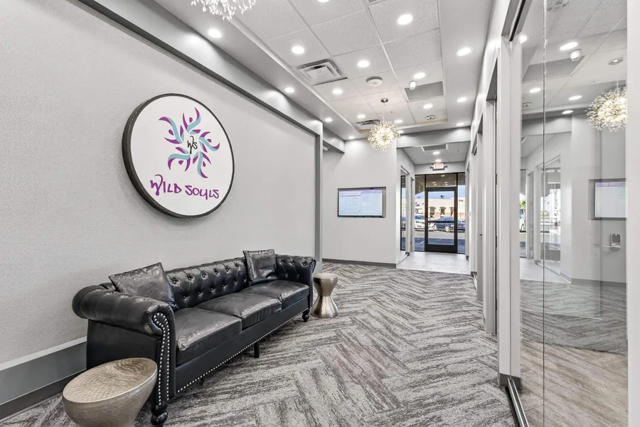 Wild Souls Salon Suites: Wild Souls Salon Suites lounge with branded wall sign and glass-front suite doors